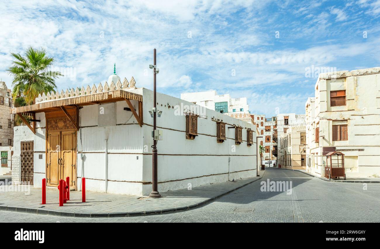 Al-Balad old town streets and  traditional muslim houses with wooden windows and balconies, Jeddah, Saudi Arabia Stock Photo