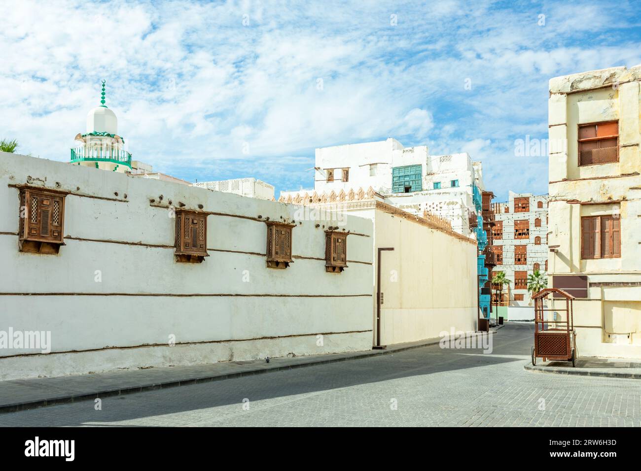 Al-Balad old town streets and  traditional muslim houses with wooden windows and balconies, Jeddah, Saudi Arabia Stock Photo