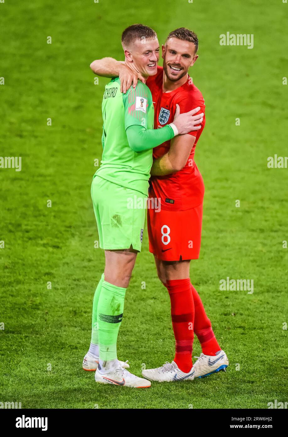 Moscow, Russia – July 3, 2018. England national football team goalkeeper Jordan Pickford and midfielder Jordan Henderson celebrating victory in World Stock Photo