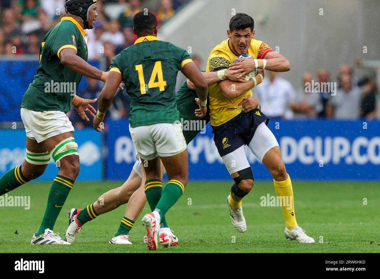 Bordeaux, France. 17th Sep, 2023. BORDEAUX, FRANCE - SEPTEMBER 17: Marius  Simionescu of Romania is tackled during the Rugby World Cup France 2023  match between South Africa and Romania at Stade de
