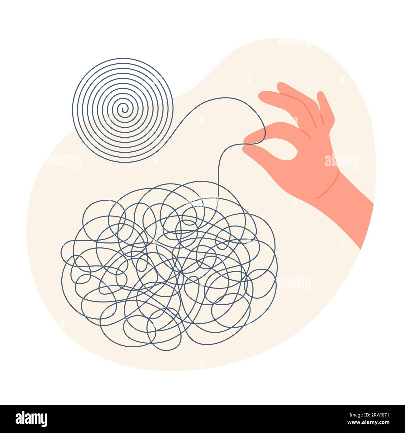 Chaos of mental problems, need for order and coachs help vector illustration. Cartoon hand holding tangled thread to untangle maze to circle with creative solution, psychotherapy session and training Stock Vector