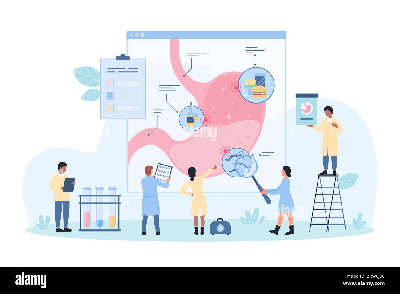 Gastritis, stomach disease vector illustration. Cartoon tiny doctors