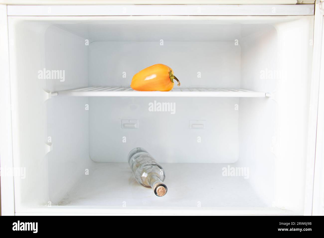 A bottle of alcoholic drink and one pepper are on a shelf in the