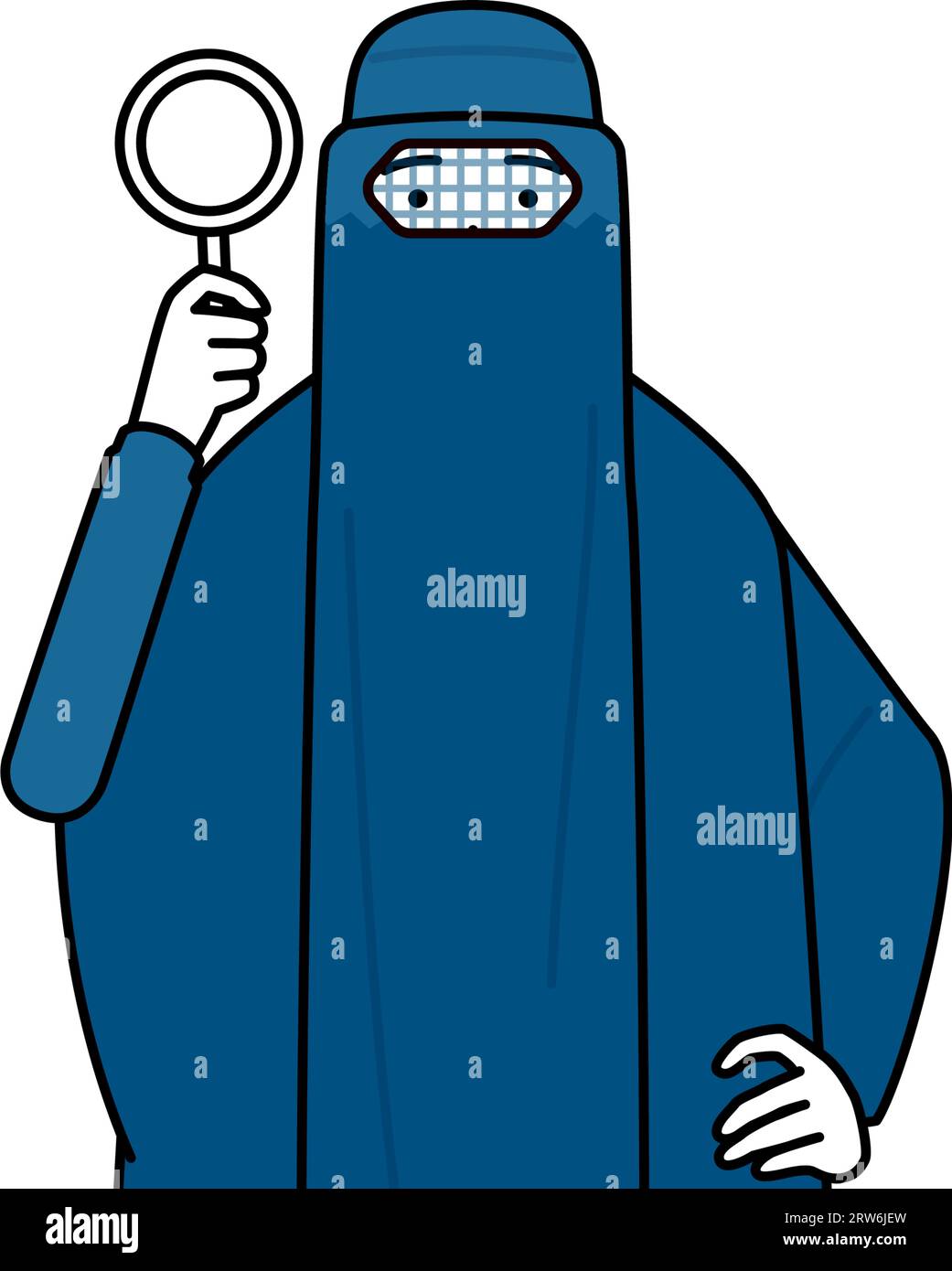 Muslim woman in burqa looking through magnifying glasses, Vector