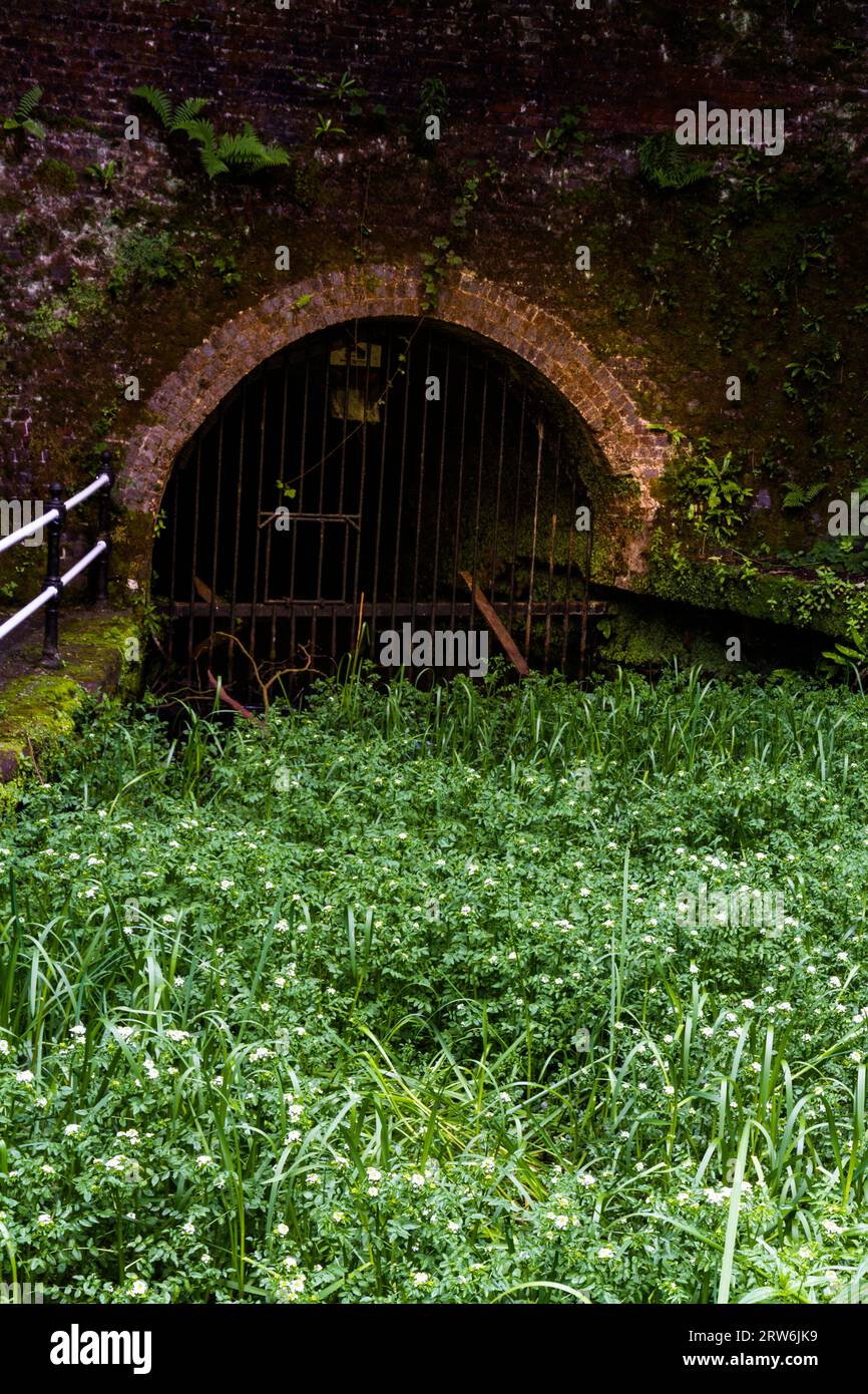 James Brindley original Harecastle Tunnel entrance. The Trent and Mersey Canal Kidsgrove, Newcastle-under-Lyme, close up, portrait. Stock Photo