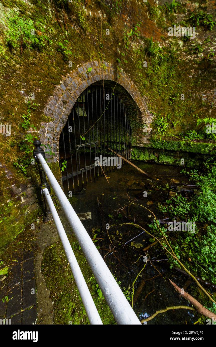 James Brindley original Harecastle Tunnel entrance. The Trent and Mersey Canal Kidsgrove, Newcastle-under-Lyme, close up, portrait, wide angle. Stock Photo