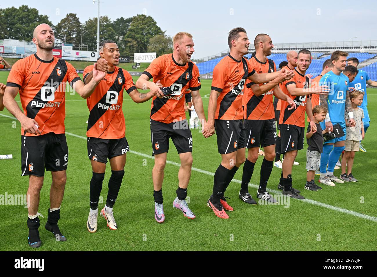 Deinze, Belgium. 17th Sep, 2023. players of Deinze celebrate after