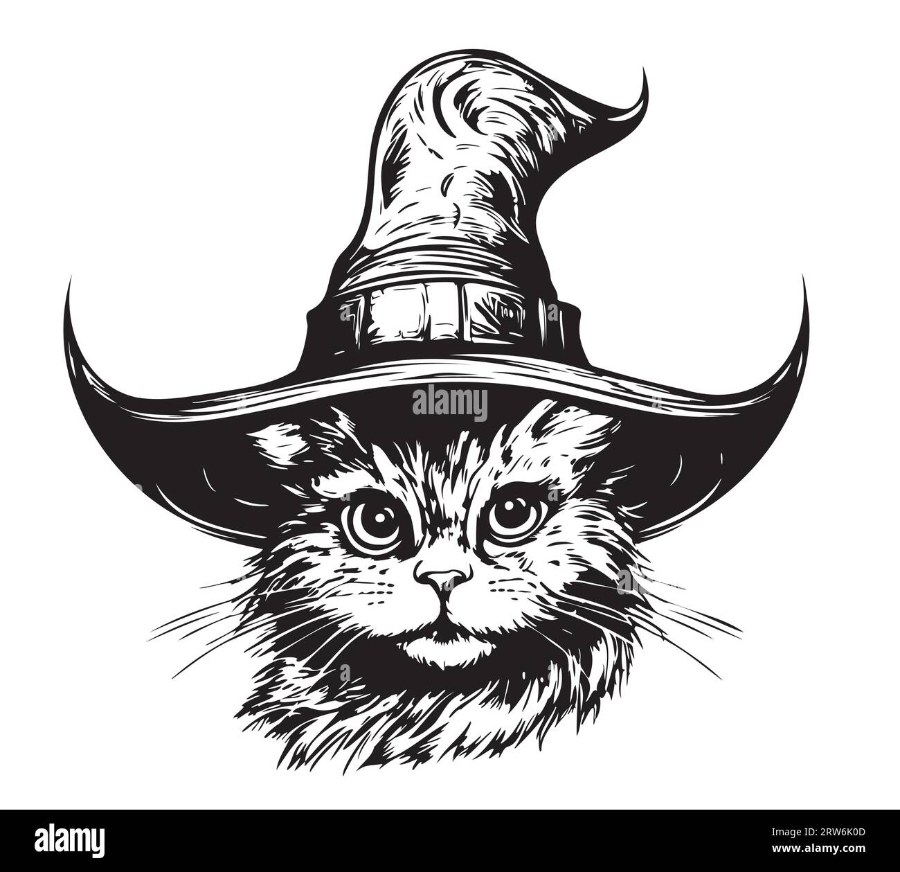 Cat in a witch hat sketch hand drawn Halloween illustration Stock Vector