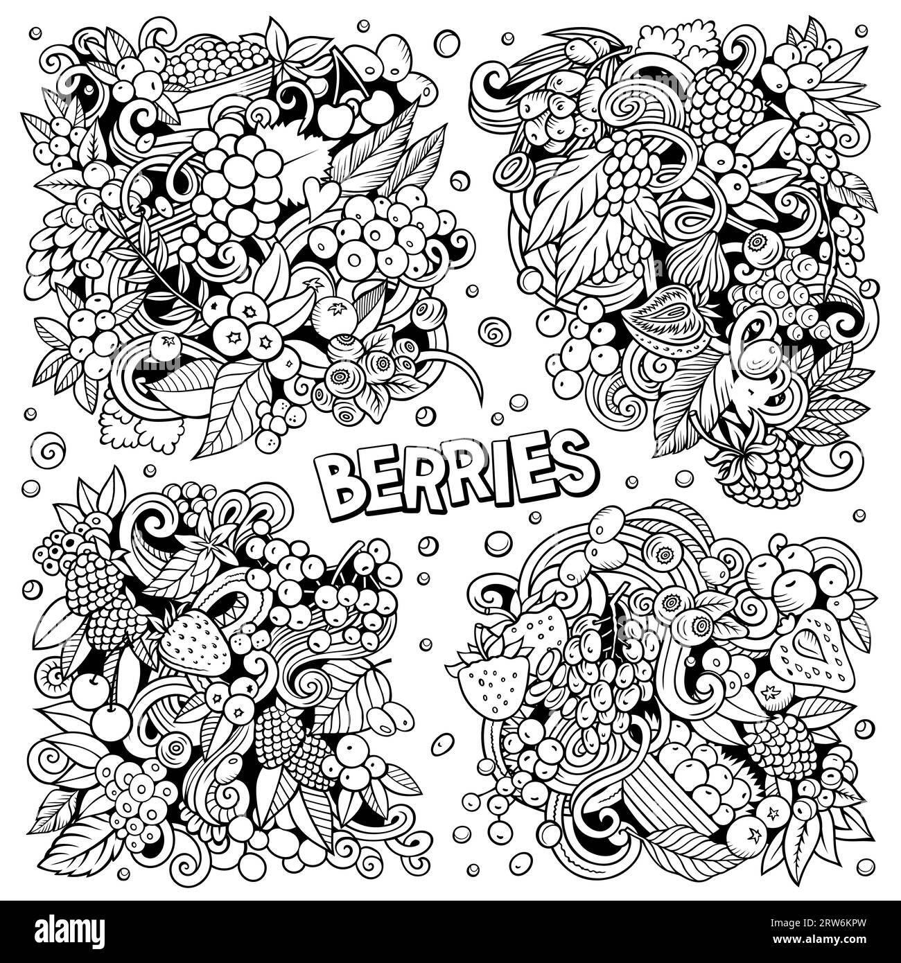Berries cartoon vector doodle designs set. Sketchy detailed compositions with lot of nature food objects and symbols. Stock Vector