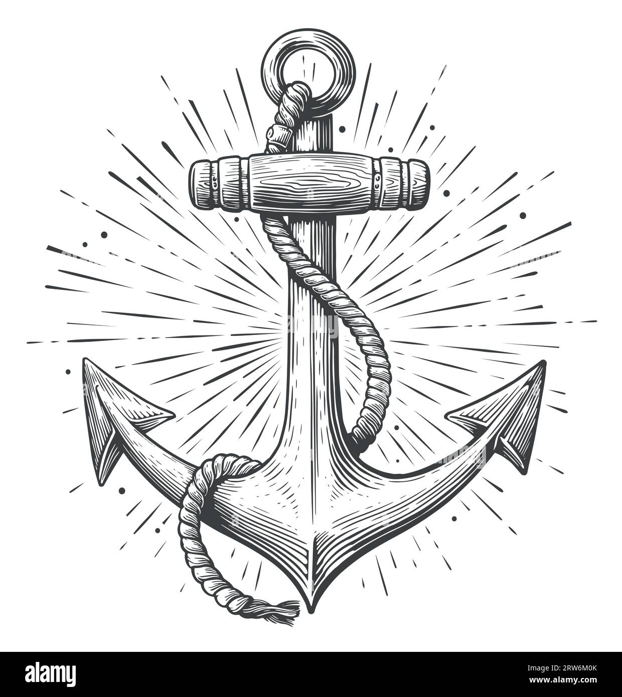Vintage sea anchor with rope in engraving style. Ship hook sketch vector illustration Stock Vector