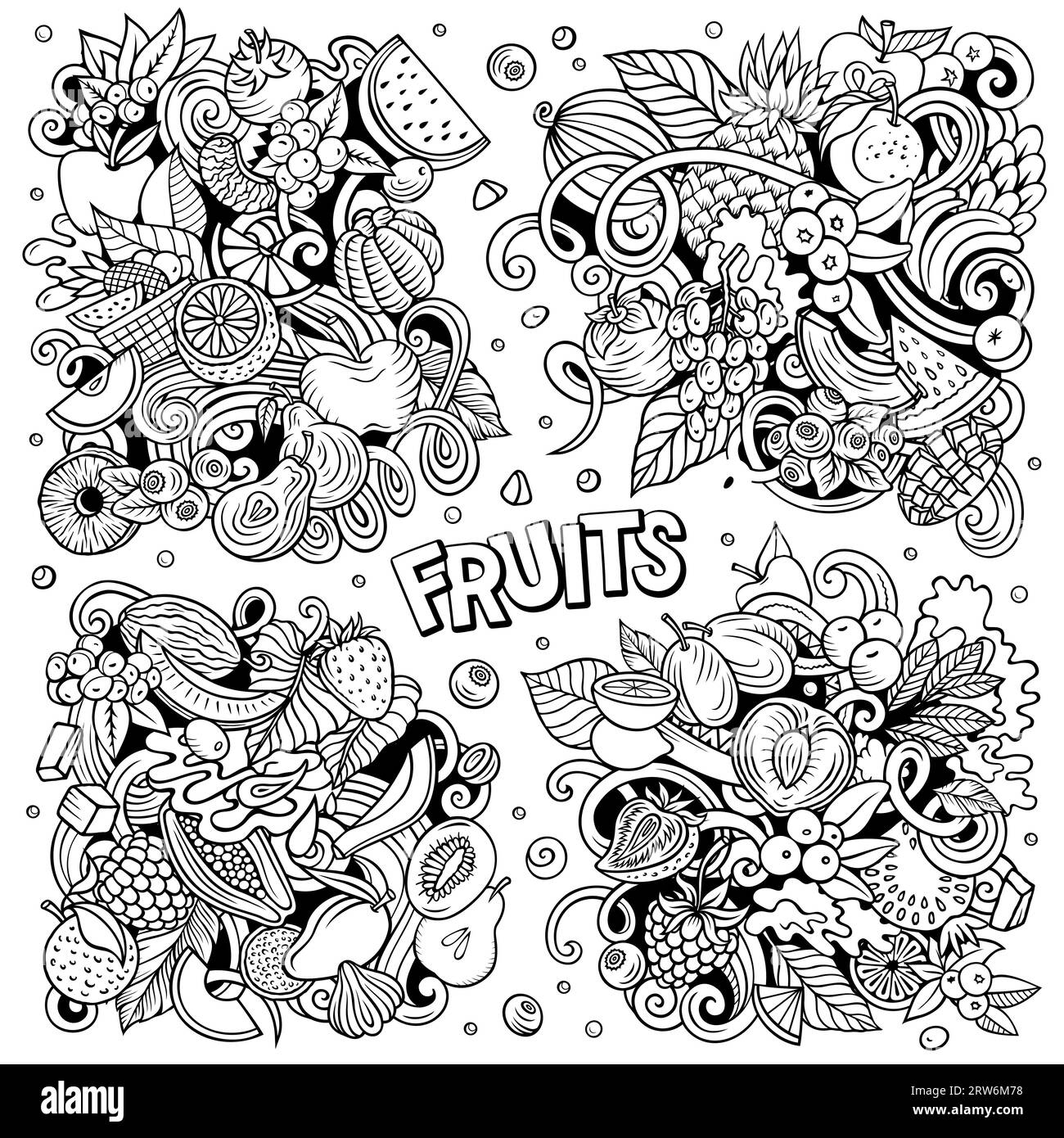 Fresh fruits cartoon vector doodle designs set. Sketchy detailed compositions with lot of nature food objects and symbols. Stock Vector