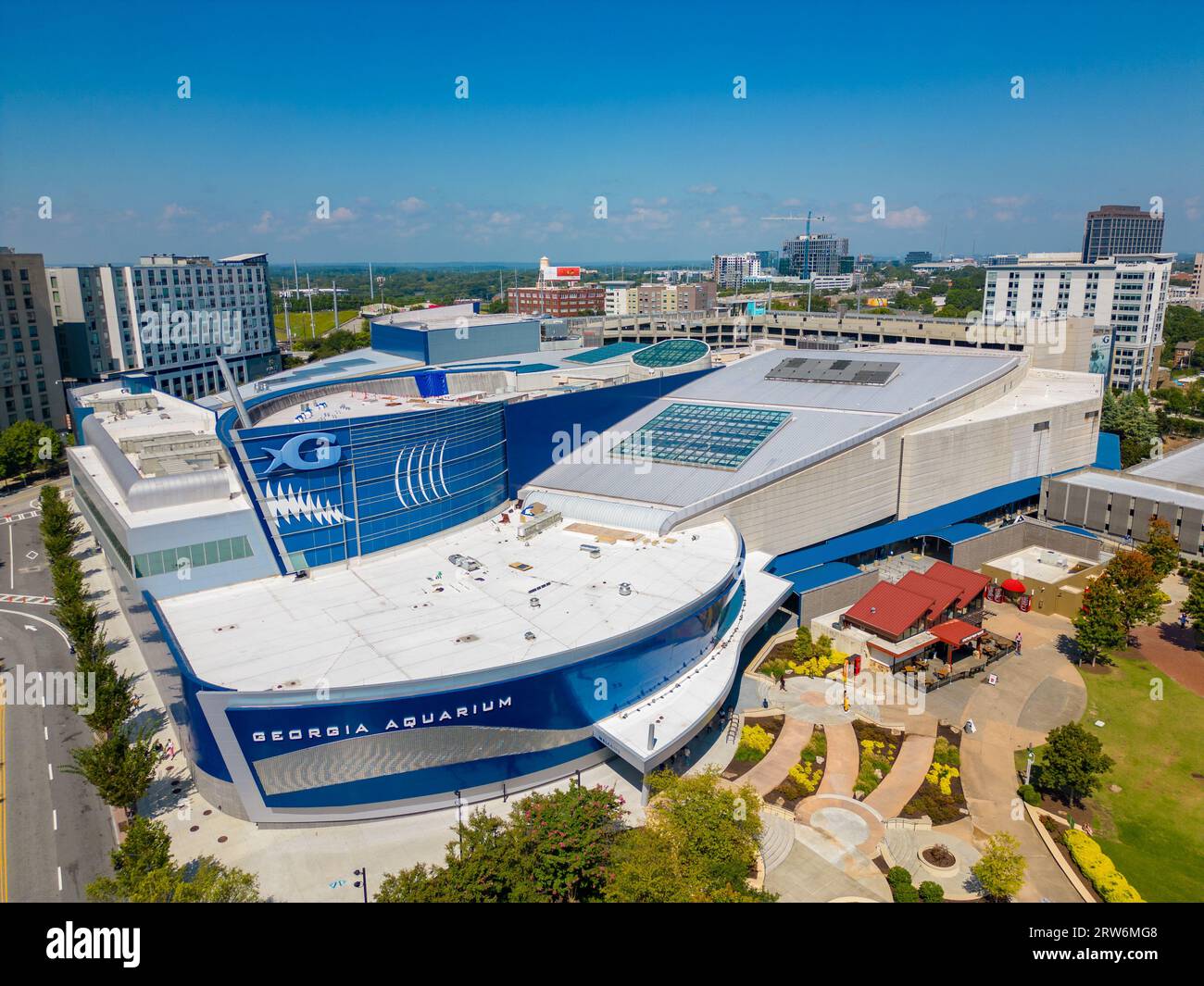 Atlanta, GA, USA - September 8, 2023: Aerial drone photo of the Georgia Aquarium Atlanta Stock Photo