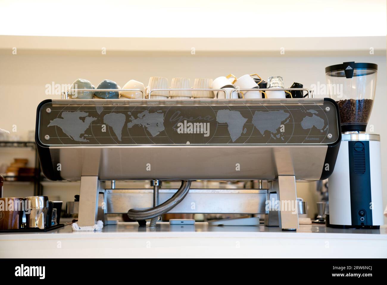 Professional Espresso Machine with World Map Graphic and Coffee Grinder ...