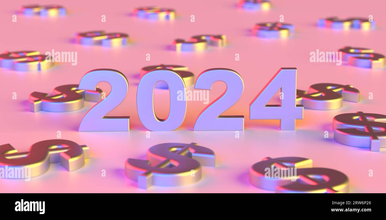 Fiscal year 2024 currency symbol concept Metallic US Dollar, light