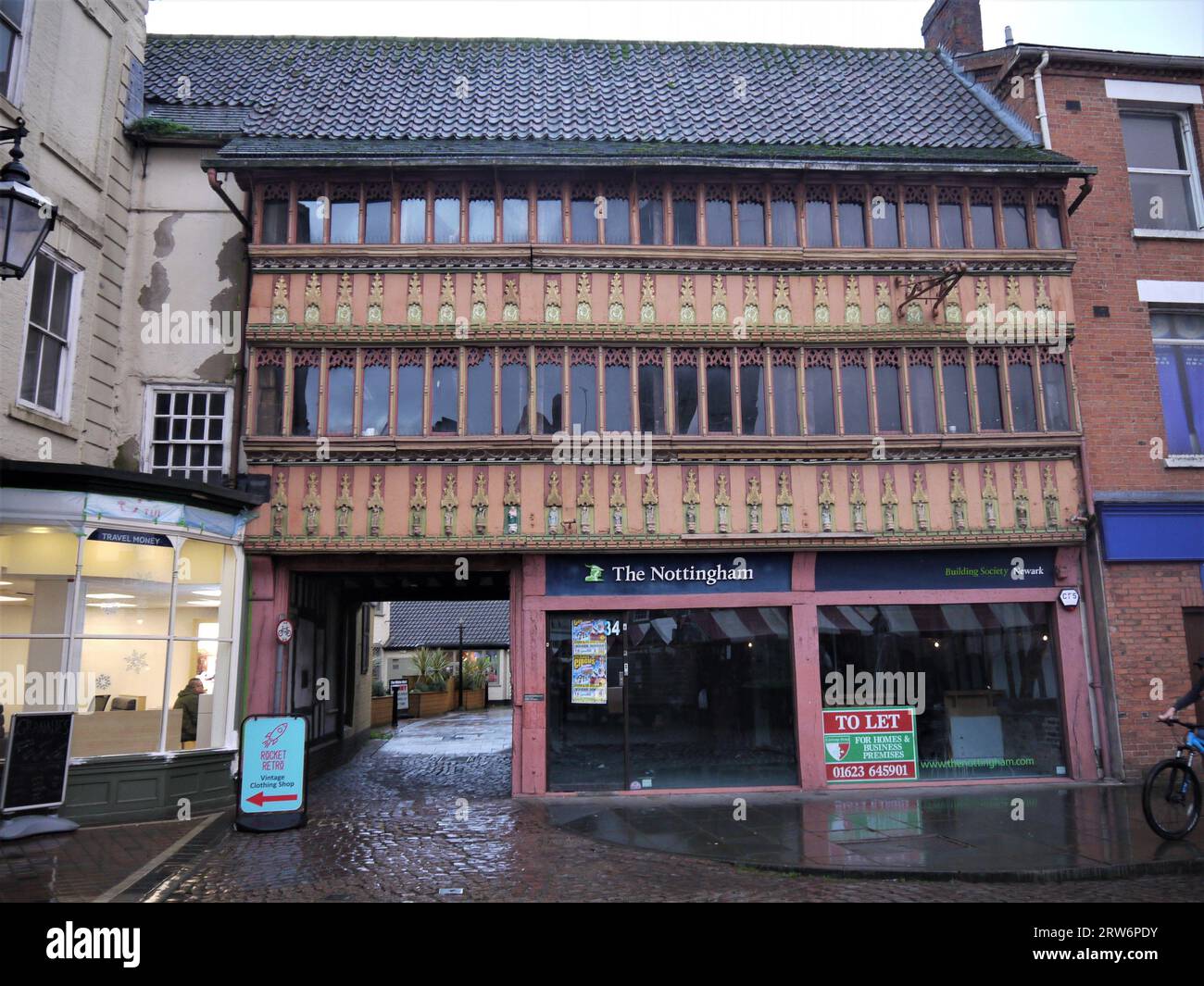 Newark-on-Trent, Nottinghamshire, UK - Dec 3rd 2022: The Olde White Hart, a 15th century timber-framed building in Newark Market Place. Stock Photo