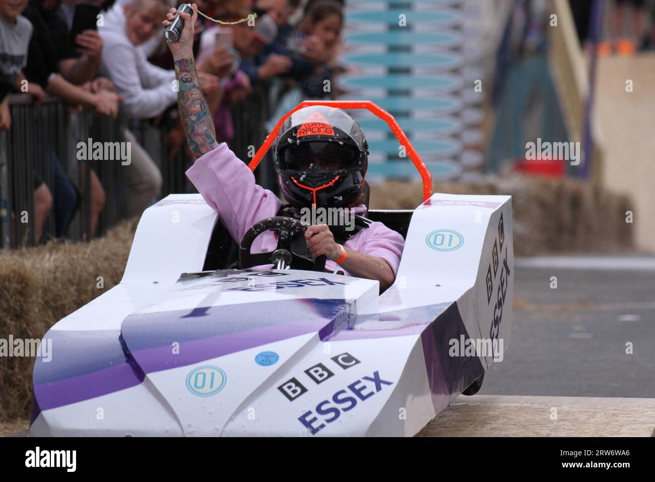 Colchester, UK. 17th Sep 2023. Real-life Wacky Races in the city as the first ever soapbox rally is taking place down the High Street. The event is part of the celebrations marking Colchester's city status granted in 2022. Hundreds of spectators lined the street to watch the fun. Credit:Eastern Views/Alamy Live News Stock Photo