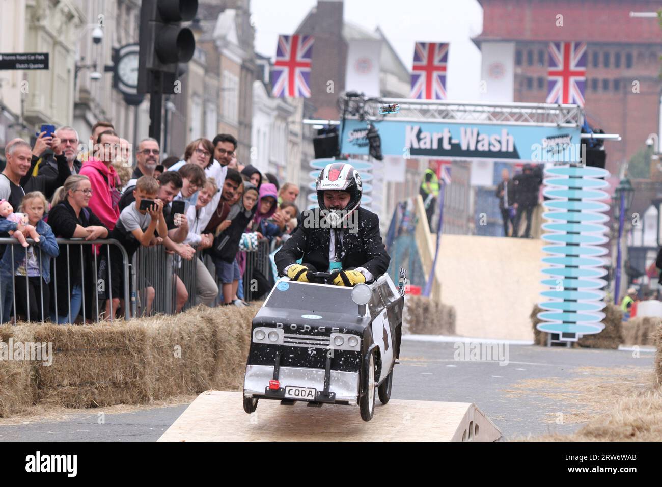 Colchester, UK. 17th Sep 2023. Real-life Wacky Races in the city as the first ever soapbox rally is taking place down the High Street. The event is part of the celebrations marking Colchester's city status granted in 2022. Hundreds of spectators lined the street to watch the fun. Credit:Eastern Views/Alamy Live News Stock Photo