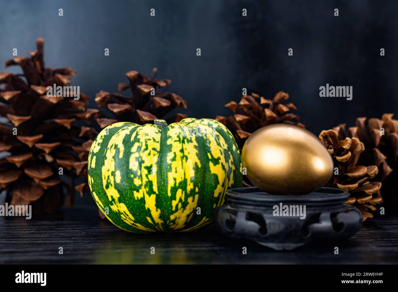 Conceptual finance image reflects autumn investments continuing successfully through metaphors of gold egg and autumn squash and pine cones in horizon Stock Photo