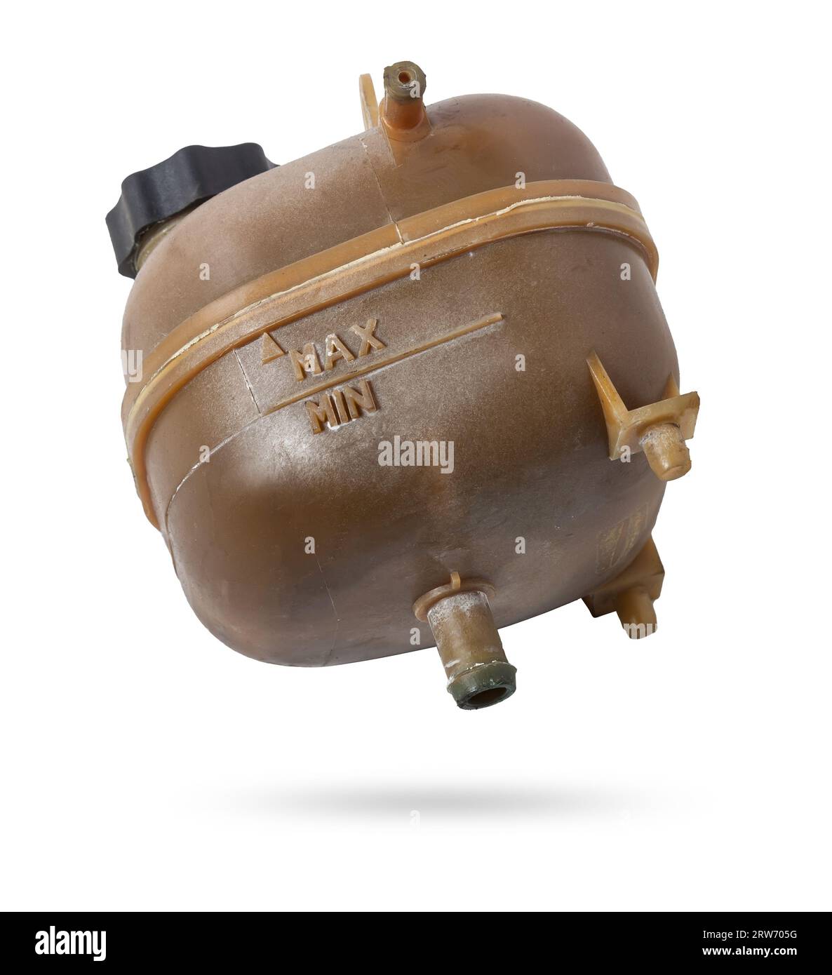 Coolant expansion tank white on an isolated background with black details. A unit of a liquid