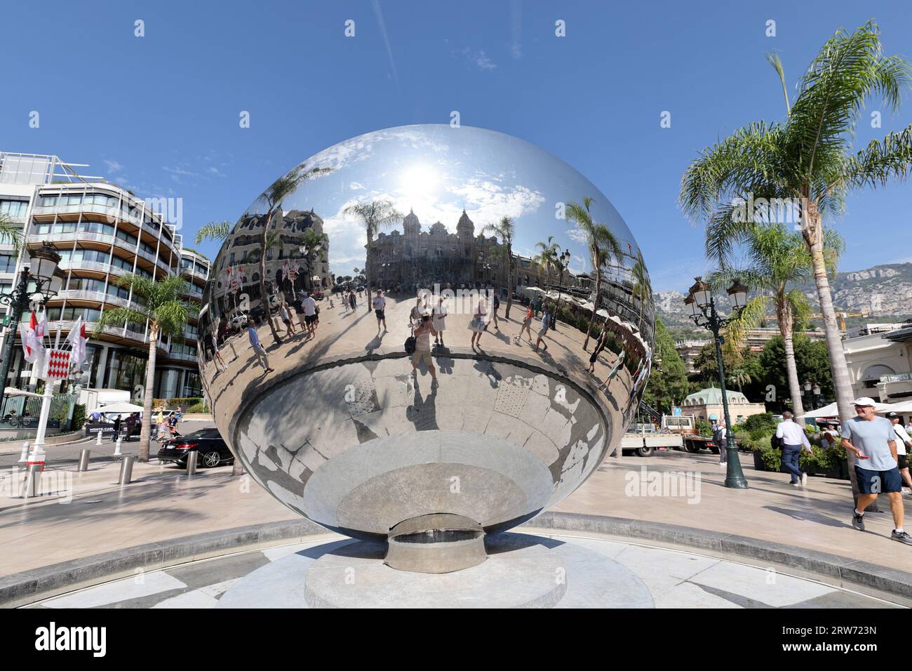 Sky Mirror (1999) by Anish Kapoor outside the Casino Monte-Carlo, Monaco, French Riviera, Europe. Stock Photo