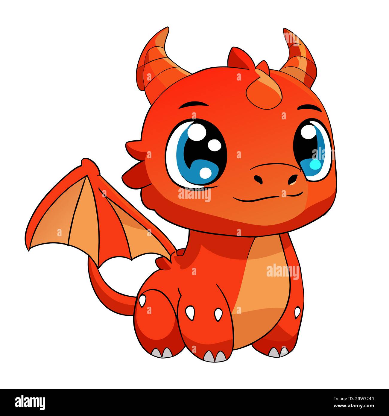 Cute cheerful red orange dragon, big blue eyes and wings. Dragon smiles. Vector isolated on white. Cartoon. Chinese New Year talisman. Zodiac sign. Sticker, calendar, print, badge, textile, stationery Stock Vector