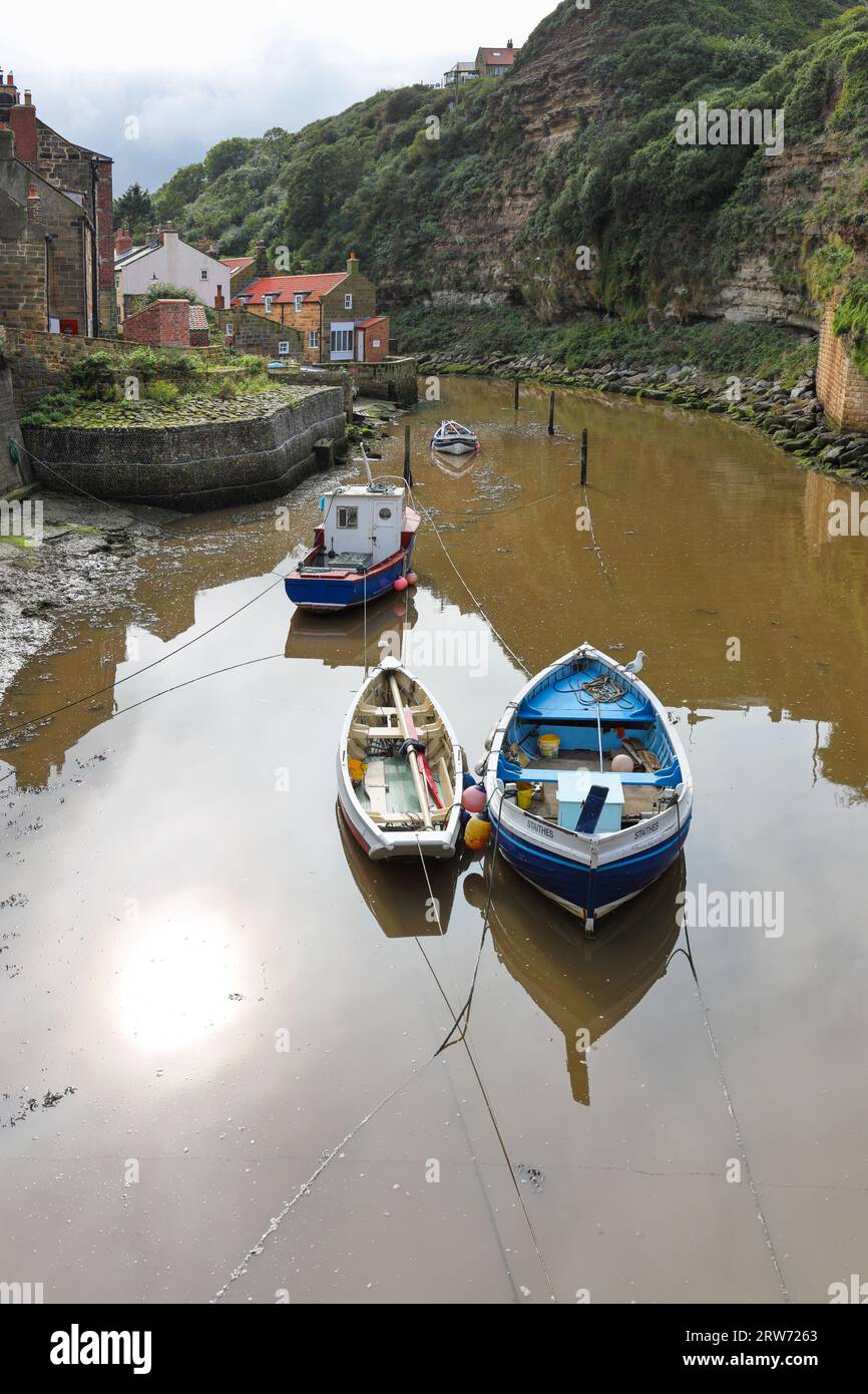 Staithes Beck and Boats, Staithes, North Yorkshire, UK Stock Photo