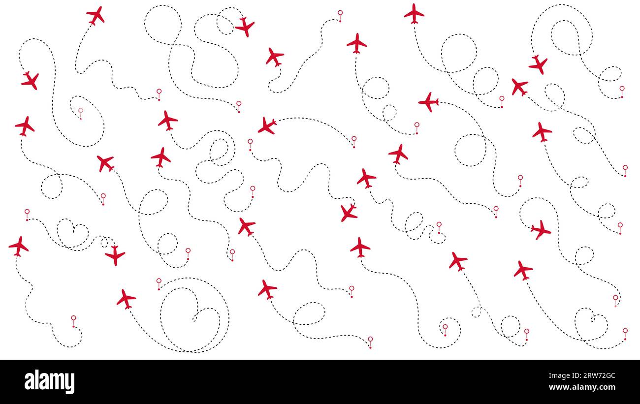 Airplane or aeroplane routes path set. Travel concept from start point