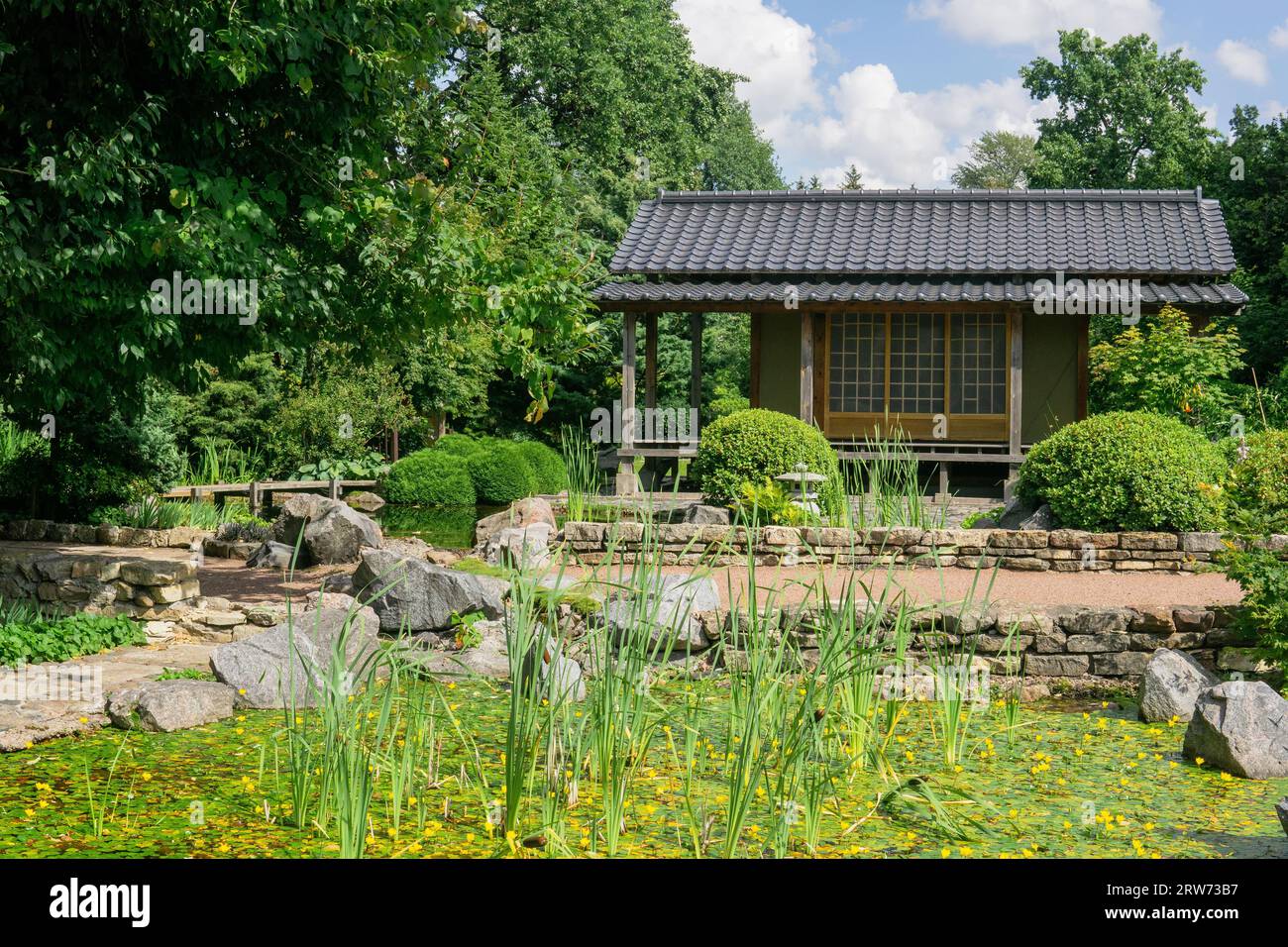 tea house near pond in japanese garden Stock Photo Alamy