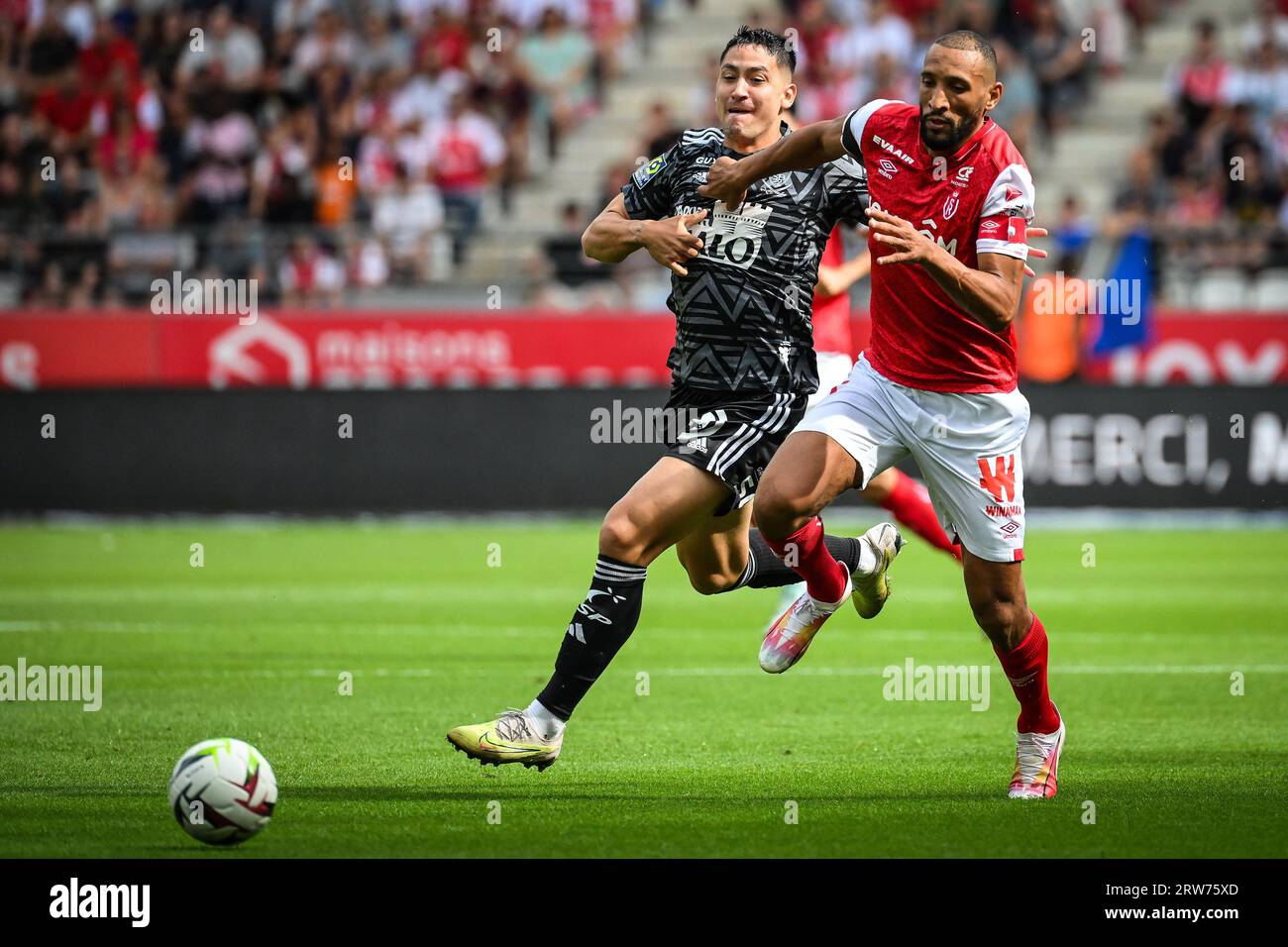 Martin SATRIANO of Brest and Yunis ABDELHAMID of Reims during the French championship Ligue 1 football match between Stade De Reims and Stade Brestois on September 17, 2023 at Auguste Delaune stadium in Reims, France Stock Photo