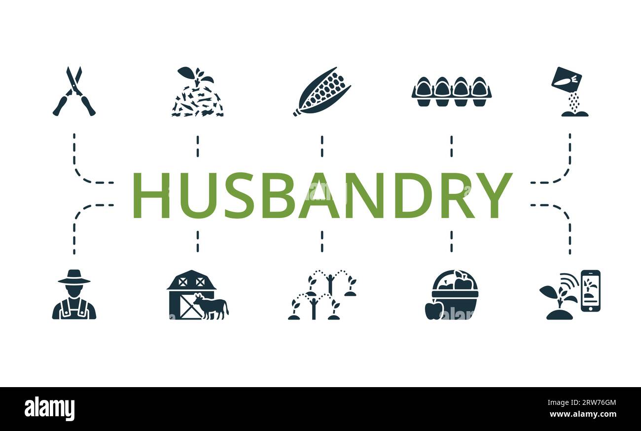 Husbandry set. Creative icons: garden shears, mulch, corn, egg tray, seeds, farmer, farm, irrigation automation, apple harvest, smart farming. Stock Vector