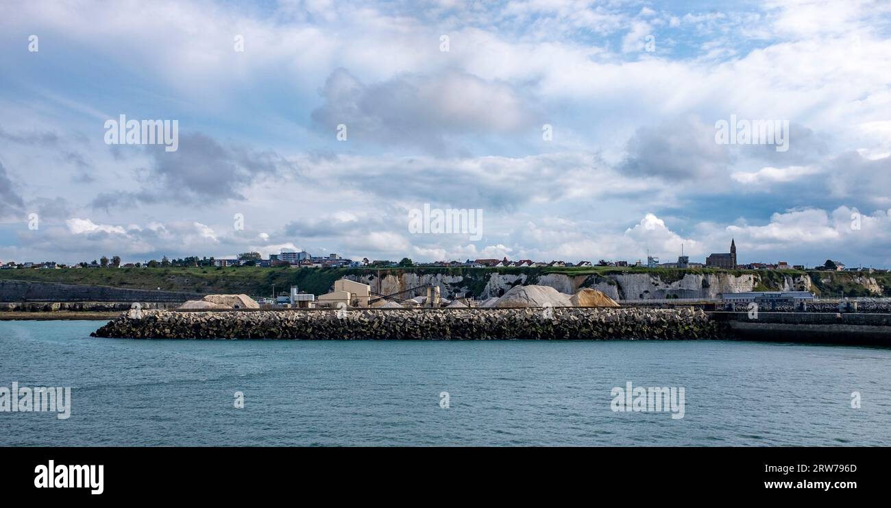 Dieppe , Normandy - The entrance to Dieppe port with grain business  Dieppe is a fishing port on the Normandy coast of northern France Stock Photo