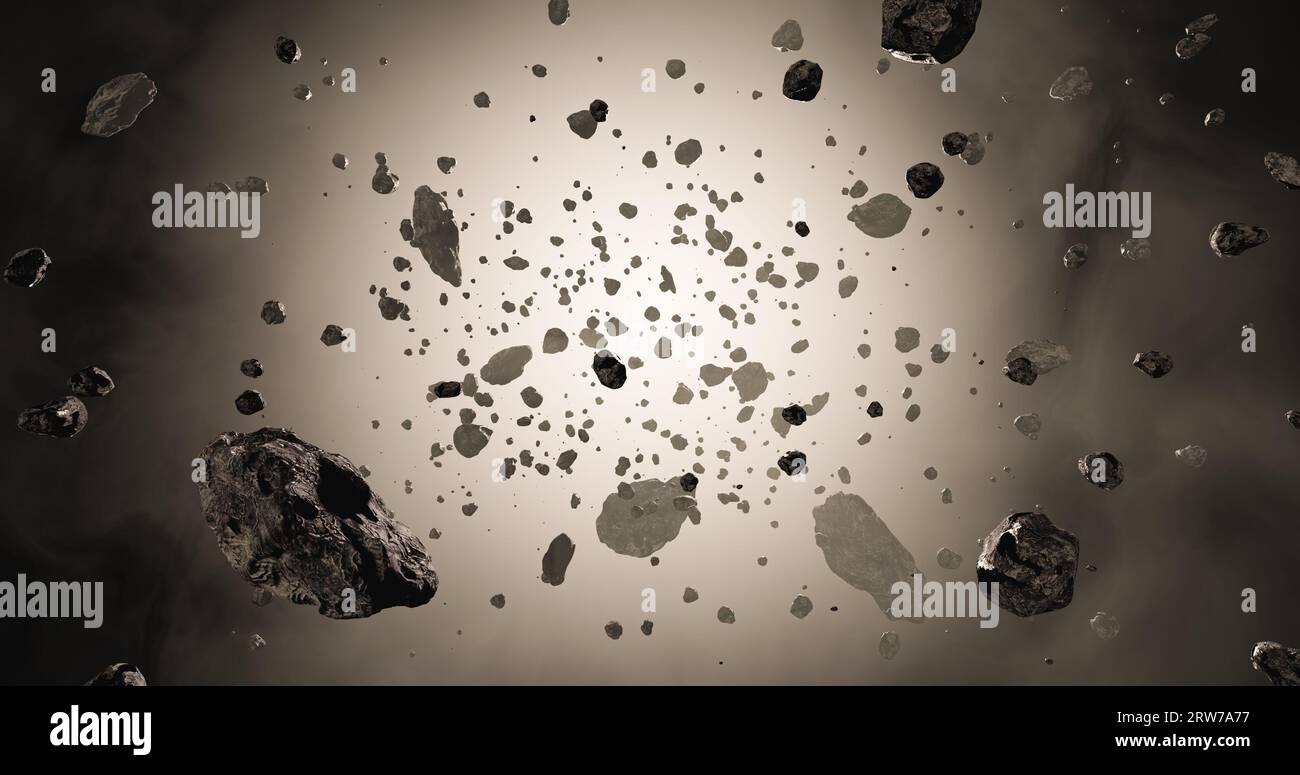 Asteroid field or belt 3D rendering illustration. Outer space, astronomy, spacescape, science concept. Stock Photo