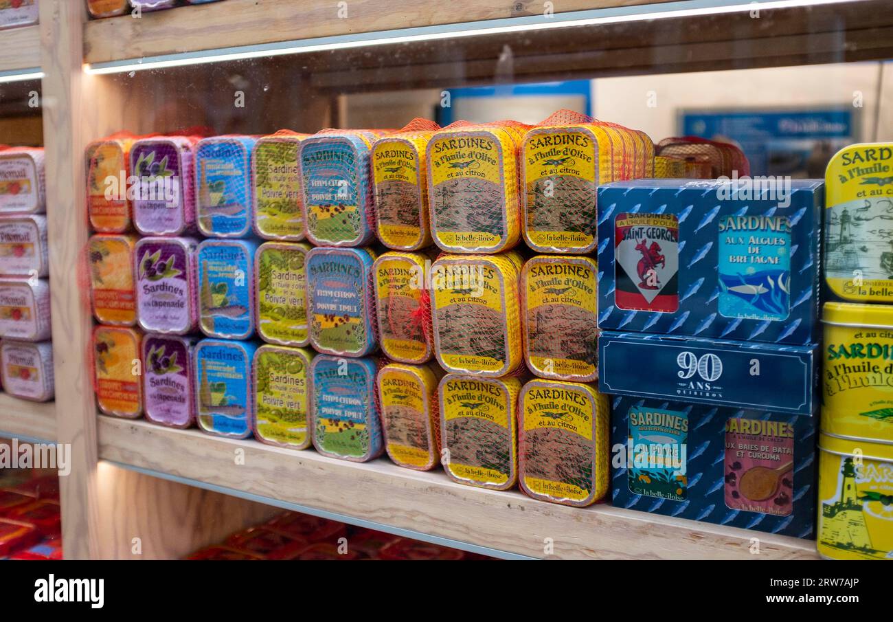 Cans of sardines in shop window in Dieppe , Normandy  Dieppe is a fishing port on the Normandy coast of northern France Stock Photo
