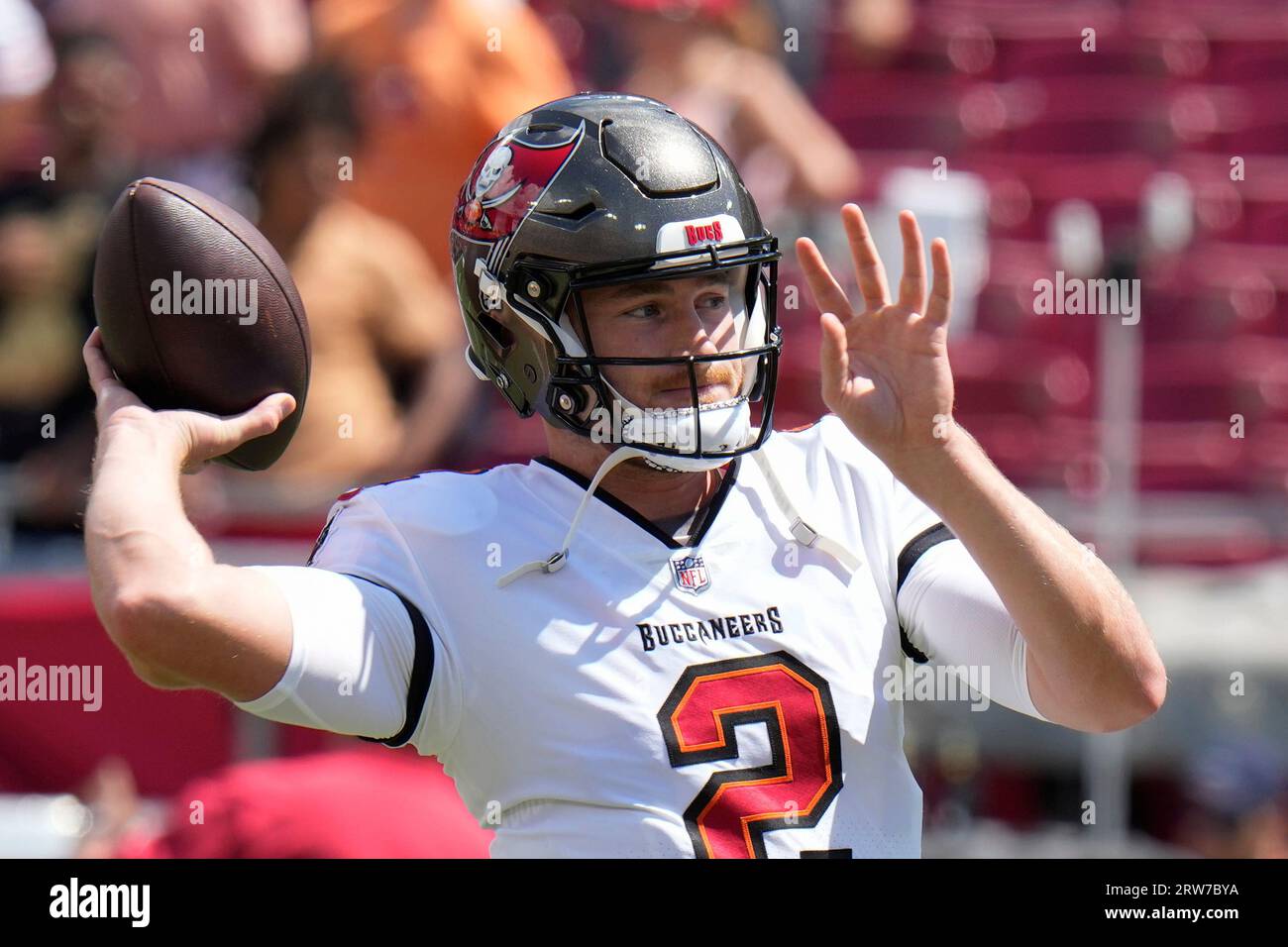 August 28, 2021: Tampa Bay Buccaneers quarterback Kyle Trask (2) looks on  as starting quarterback Tom Brady runs the Buccaneers offense during an NFL  preseason game between the Houston Texans and the