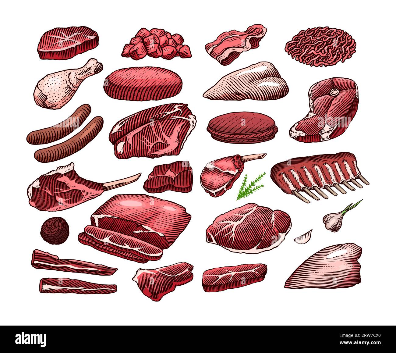 Red meat products. Veal beef, ribs, Bacon, jamon, mortadella, lamb beef