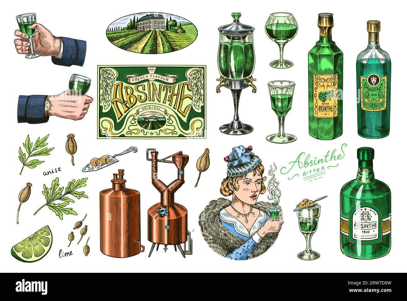 Bottle of Absinthe Glass shot. Woman holding a toast drink. Pot Swan