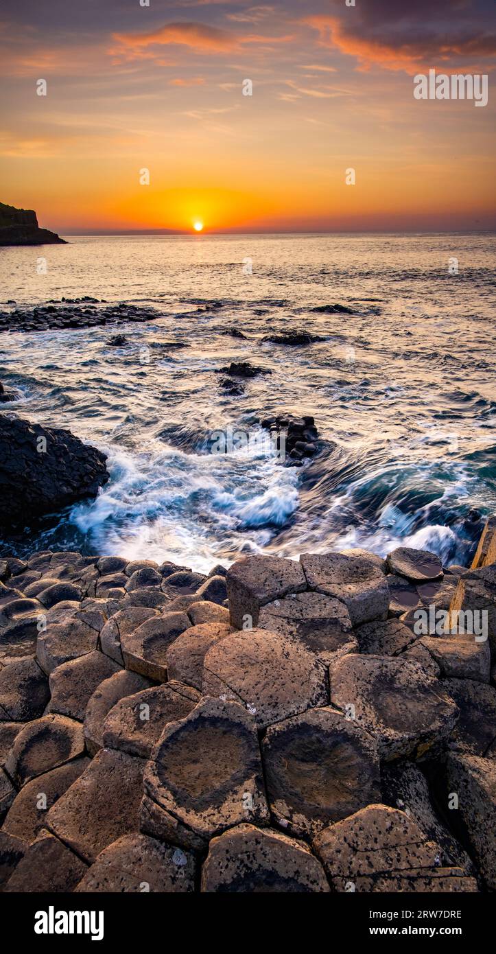 Sunset at the UNESCO World Heritage Site, Giant's Causeway, County Antrim, Northern Ireland Stock Photo