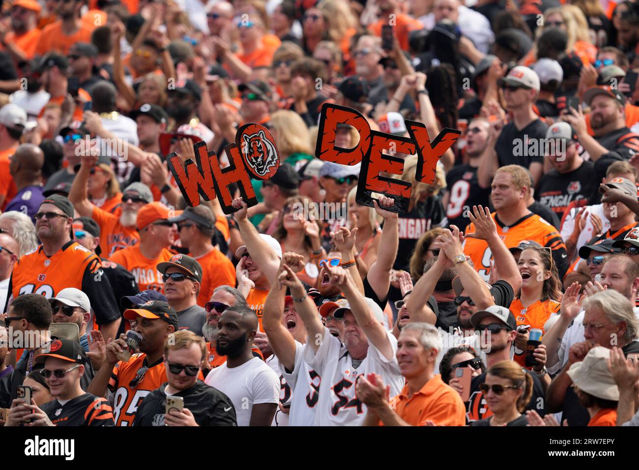 Fans are seen in the stands before the start of an NFL football game