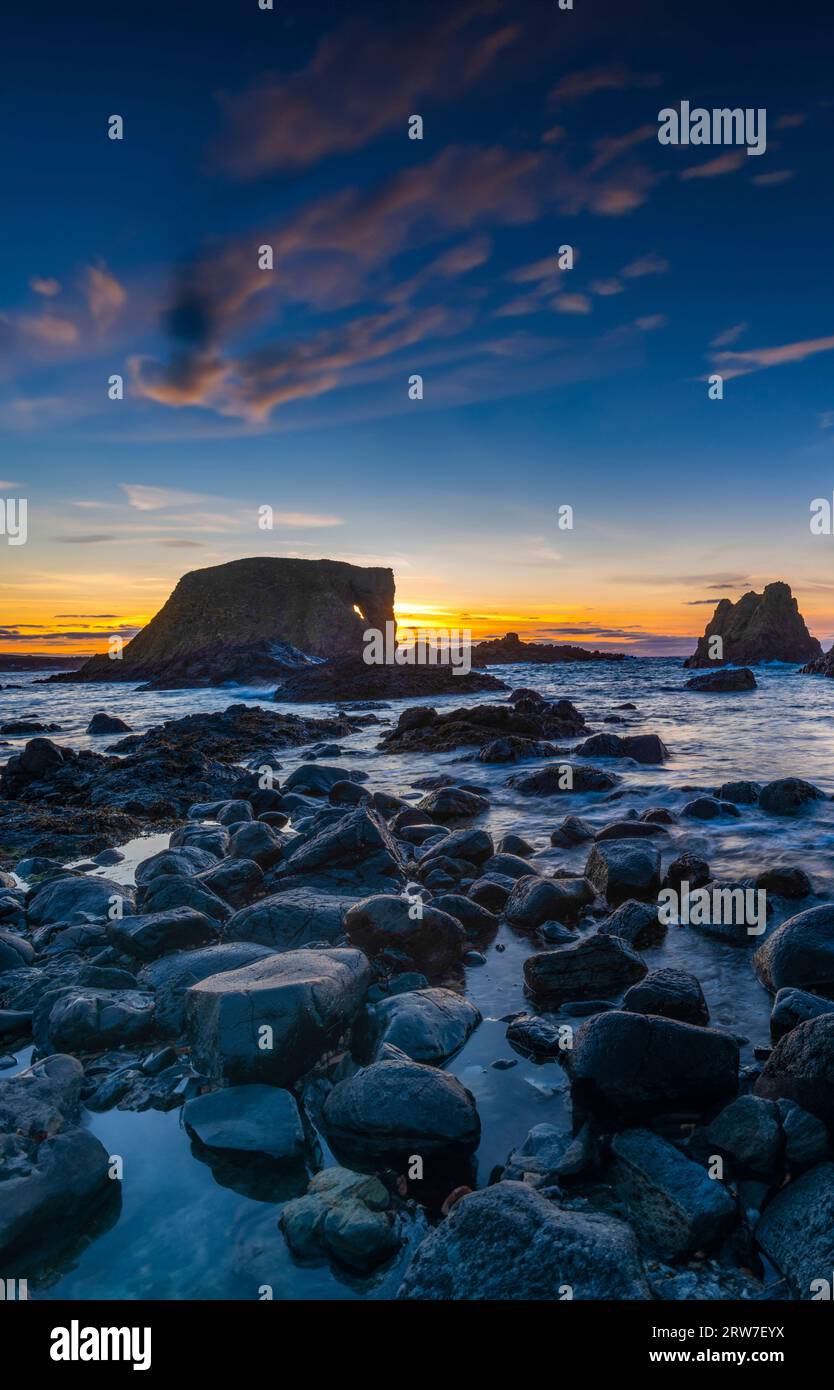 Sunset at the Elephant Rock at Ballintoy in County Antrim, Causeway coastal route, Northern Ireland Stock Photo