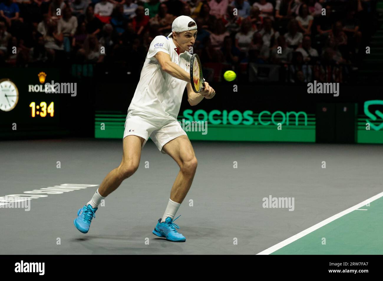 Ugo Humbert (FRA) in action in his match against Cameron Norrie (GBR) during the Davis Cup match Great Britain vs France at Manchester AO Arena, Manchester, United Kingdom, 17th September 2023  (Photo by Conor Molloy/News Images) Stock Photo