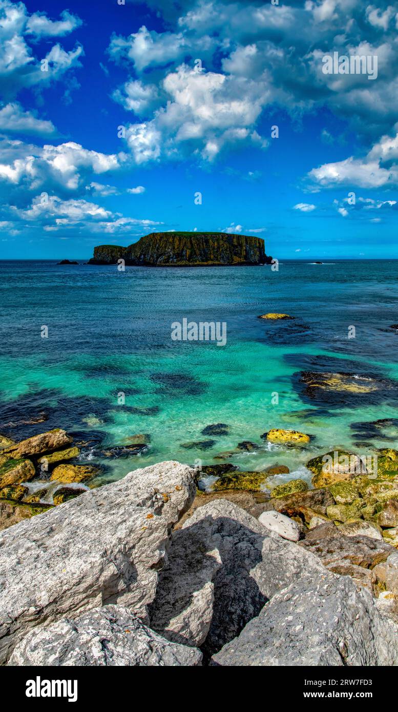An island known as Sheep Island at Larrybane, Carrick a Rede, causeway Coastal Route, County Antrim, Northern Ireland Stock Photo
