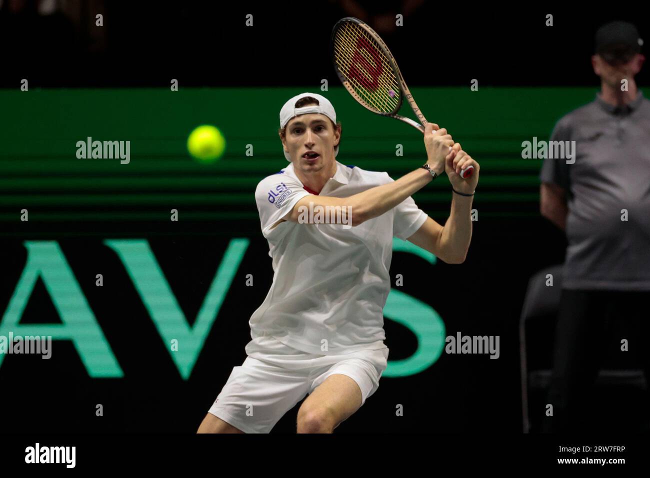 Ugo Humbert (FRA) in action in his match against Cameron Norrie (GBR) during the Davis Cup match Great Britain vs France at Manchester AO Arena, Manchester, United Kingdom, 17th September 2023  (Photo by Conor Molloy/News Images) Stock Photo