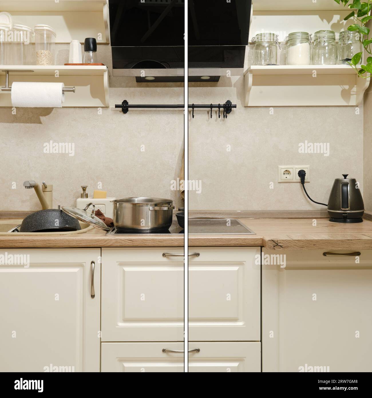 Cleaning in the home kitchen before and after organization of order