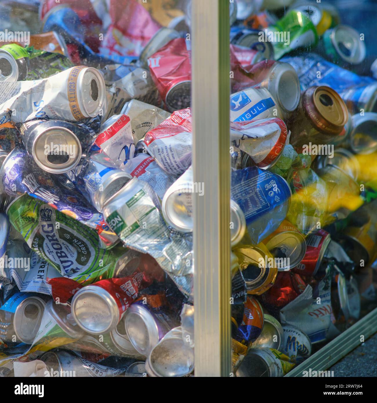 Recycling and disposal of used and new aluminum cans - Moscow, Russia, 05 September 2023 Stock Photo