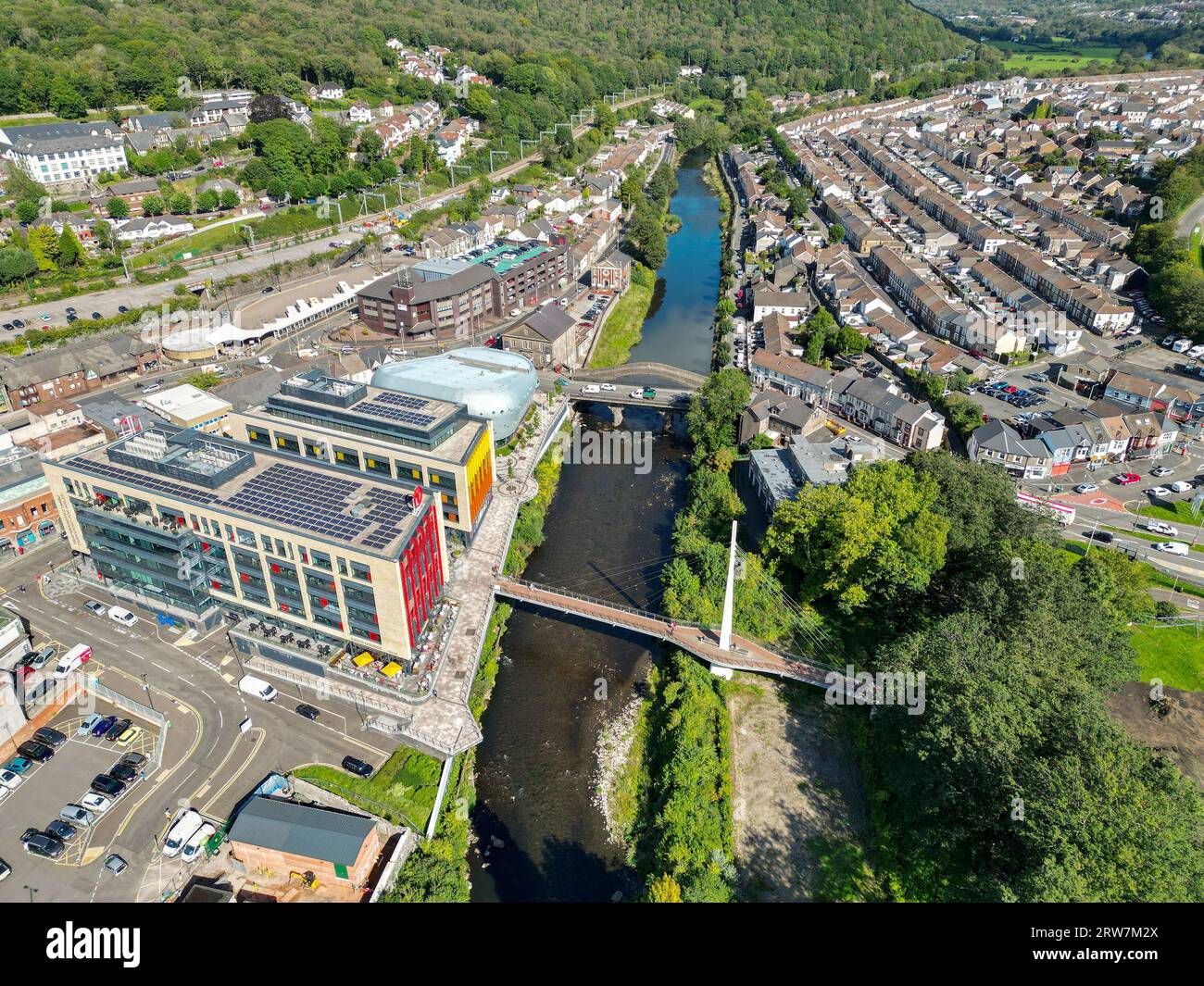 Pontypridd, Wales 12 September 2023 Drone view of the new office development and public