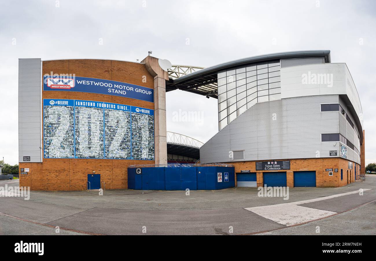 A multi image panorama of the Westwood North Stand and the Springfield