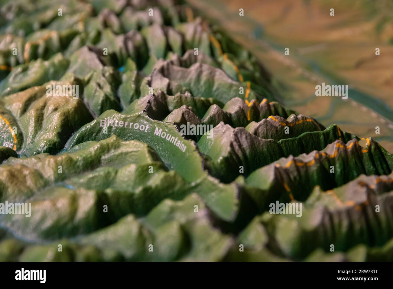 Topographical map of the Bitterroot Mountains at Lolo Pass Visitor Center, Lolo Pass, Idaho. Stock Photo