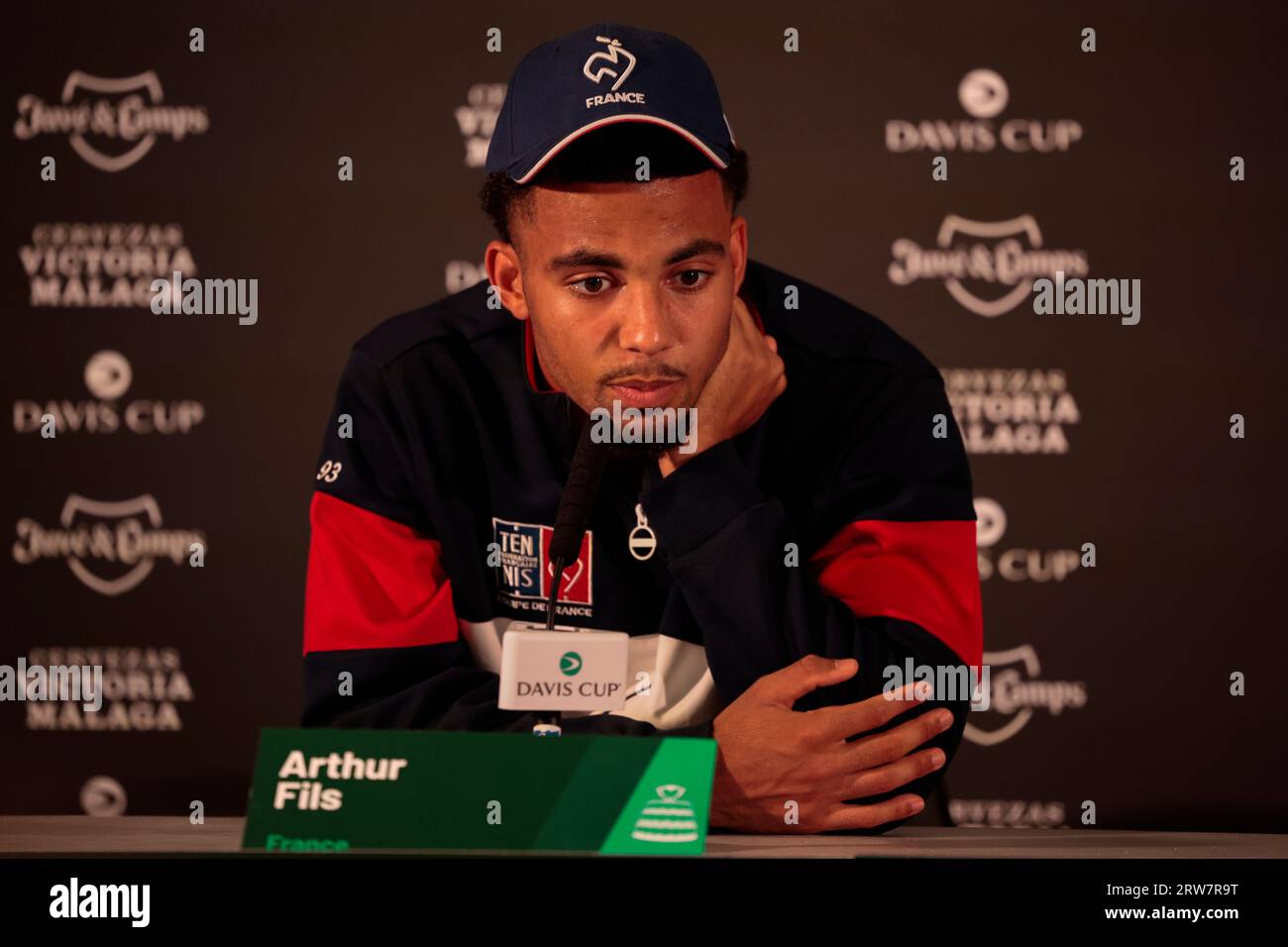 Arthur Fils (FRA) at his press conference after his defeat to Daniel Evans (GBR) at the Davis Cup match Great Britain vs France at Manchester AO Arena, Manchester, United Kingdom, 17th September 2023  (Photo by Conor Molloy/News Images) Stock Photo