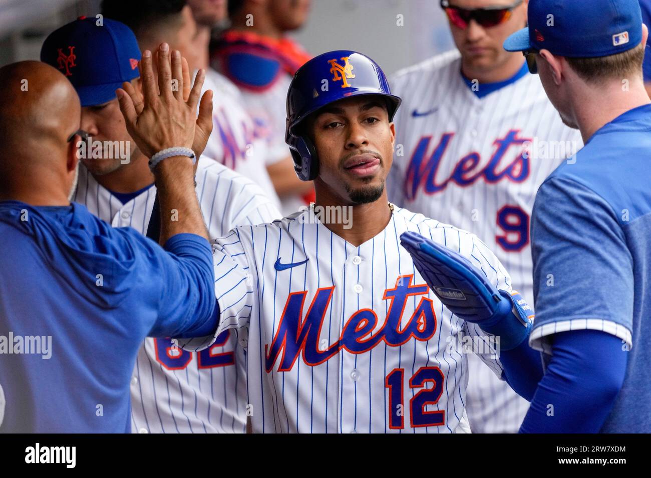 Francisco Lindor of the New York Mets celebrates as he drives in