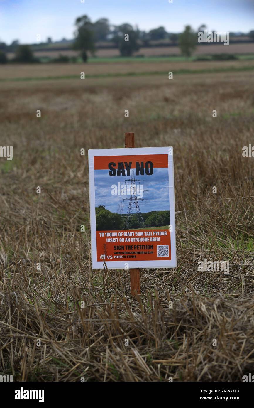 A poster saying ‘Say No' sits in a field that National Grid proposes will have a 50 meter high pylon in it in the village of Forncett St Mary. The 50m tall pylons, proposed by the National Grid, will stretch 180km through the countryside reinforcing the existing network and connecting offshore wind generation between Norwich and Tilbury. Local residents demand the National Grid (NG) rethink its plan and run cables offshore on the sea bed. They say no to the huge pylons, temporary roads, work traffic movements and additional substations will also have to be constructed decimating their rural Stock Photo